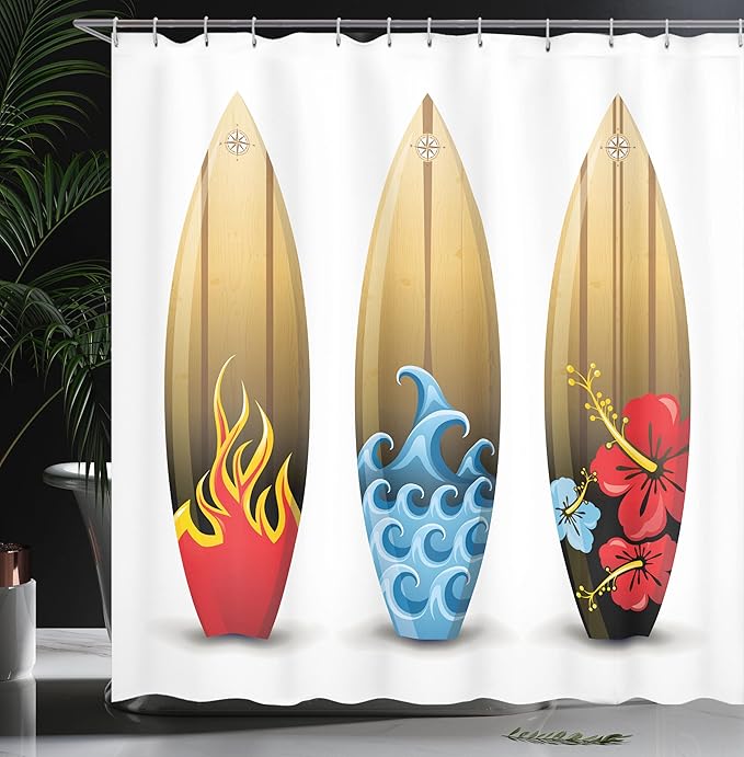 Ambesonne Surfboard Shower Curtain, 3 Colorful Woored Surf Boards Floral Sea Themed Relaxation Summer, Cloth Fabric Bathroom Decor Set with Hooks, 69" W x 75" L, Beige Blue