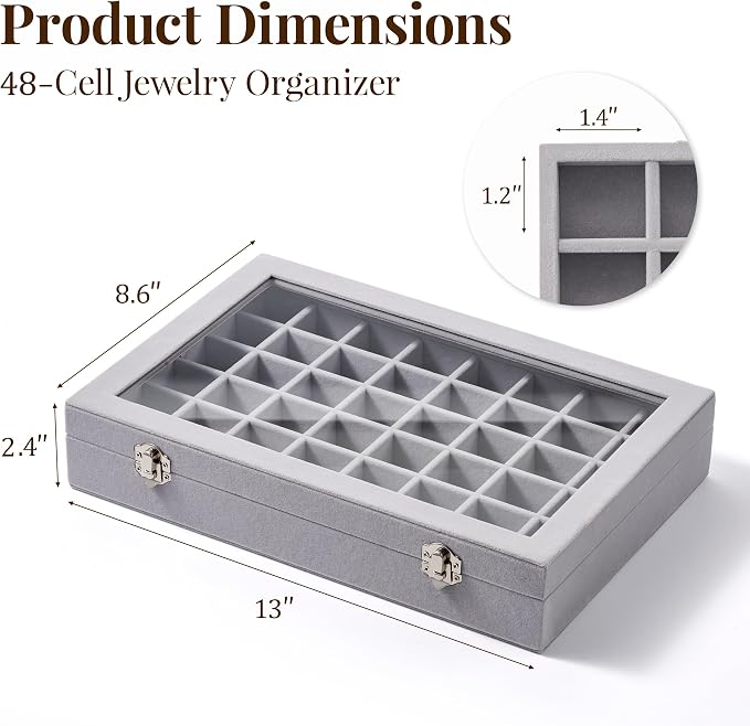 48 Grid Earring Organizer and Storage: Velvet Jewelry Tray with Lid, Jewelry Box for Studs, Earrings, Rings, Necklaces, Dresser & Vanity, Earrings Case Organizer for Girls, Women, 13"x8.6"x2.4", Grey