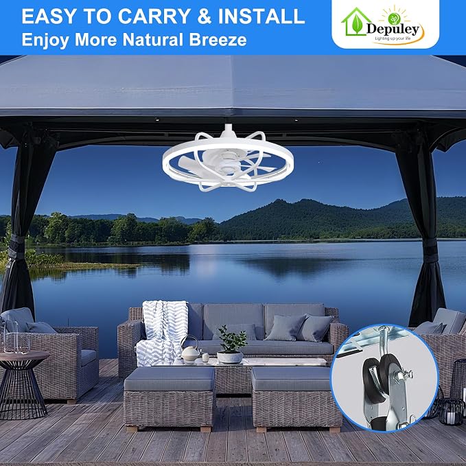 Depuley 20" Outdoor Ceiling Fan with Lights, White Waterproof Gazebo Hanging Fan with Remote App Control, Dimmable Plug in Caged outdoor Ceiling Fans for patios Porch 6-Speeds
