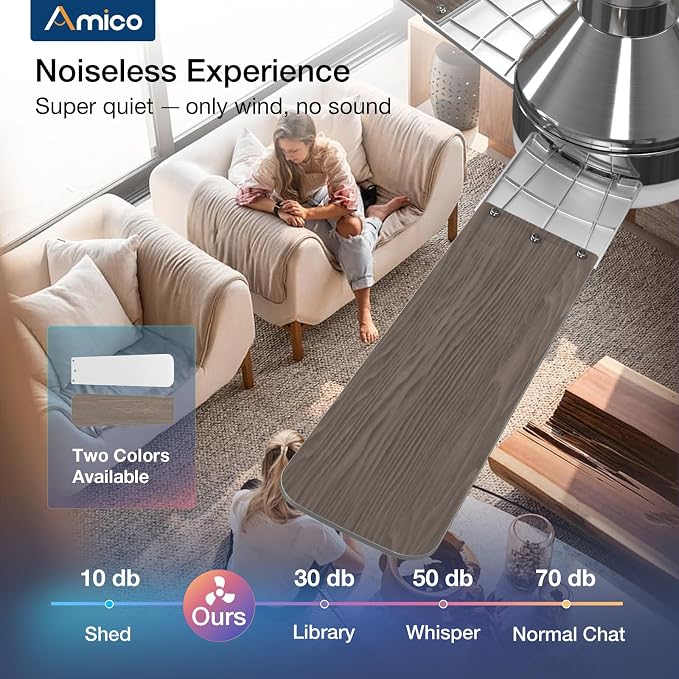 Amico Ceiling Fans with Lights, 52 inch Low Profile Ceiling fan with Light and Remote Control, Flush Mount, Reversible, 3CCT, Dimmable, Noiseless, Nickel Ceiling Fan for Bedroom, Indoor/Outdoor Use