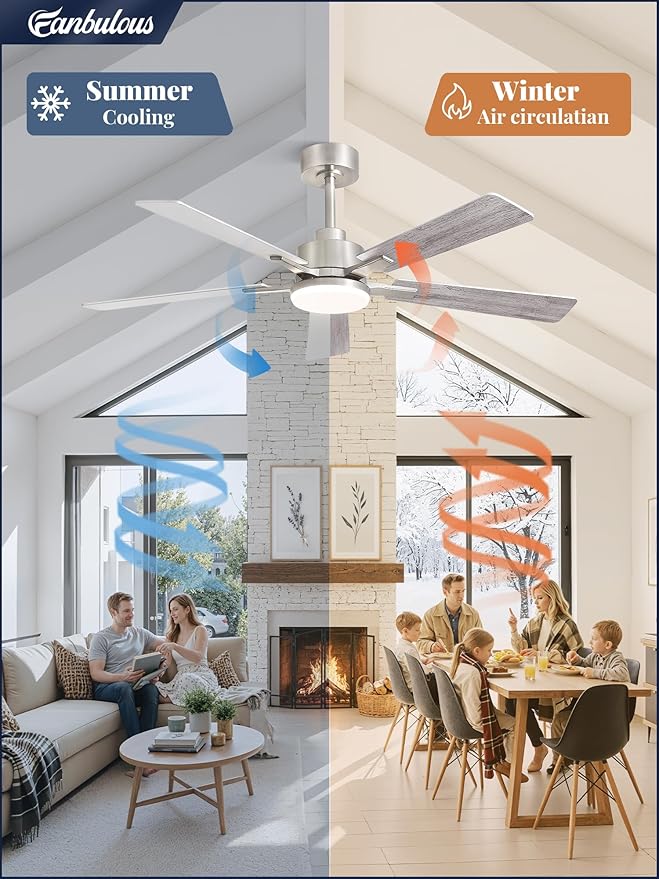 52 Inch Ceiling Fan with Light and Remote, 6 Speeds Reversible DC Motor Ceiling Fans for Bedroom Living Room Patio, 3CCT Dimmable LED, 5 Wood Blades, Downrod Mount, Sloped Ceiling Compatible