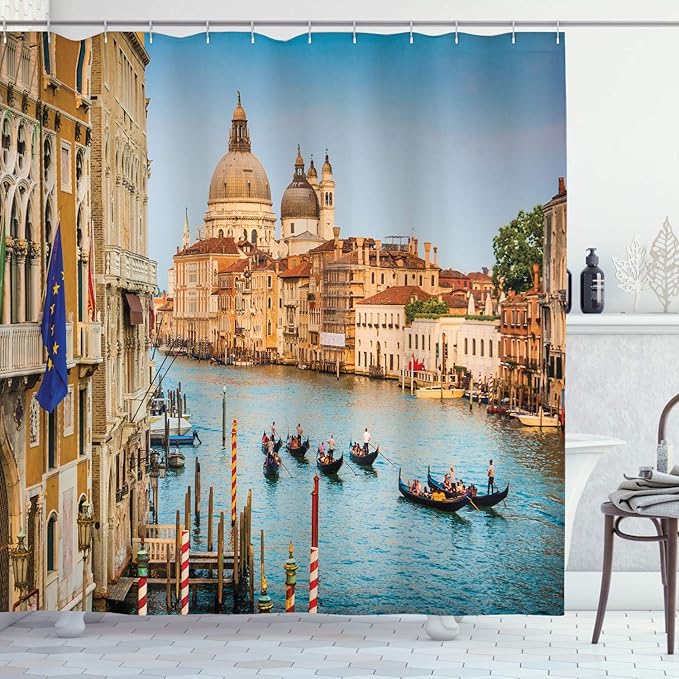 Ambesonne Scenery Shower Curtain, Gondolas on The Canal Grande Sunset in Venice City Romantic View Image Print, Cloth Fabric Bathroom Decor Set with Hooks, 69" W x 70" L, Blue and Tan