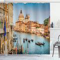 Ambesonne Scenery Shower Curtain, Gondolas on The Canal Grande Sunset in Venice City Romantic View Image Print, Cloth Fabric Bathroom Decor Set with Hooks, 69" W x 70" L, Blue and Tan