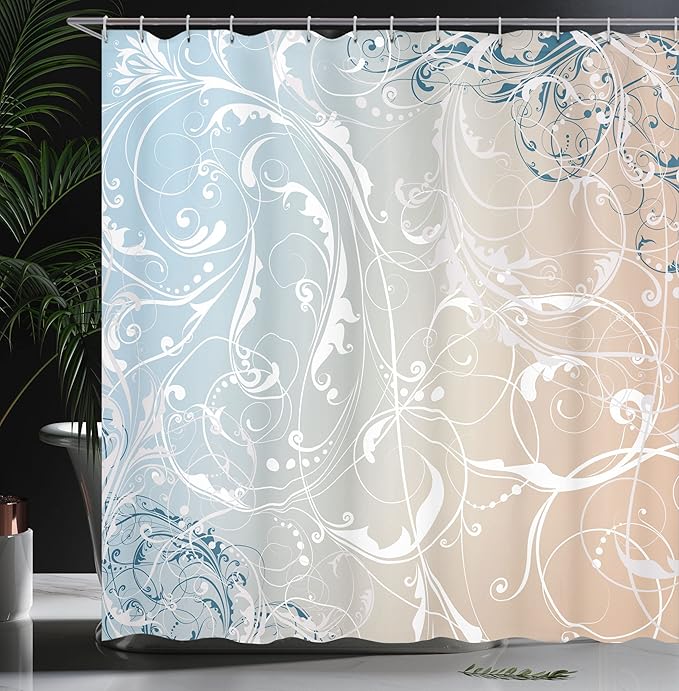 Ambesonne Floral Shower Curtain, Baroque Swirl Branches Curved Flower Leaves Shabby Form Nature Pattern, Cloth Fabric Bathroom Decor Set with Hooks, 69" W x 70" L, Champagne Dust