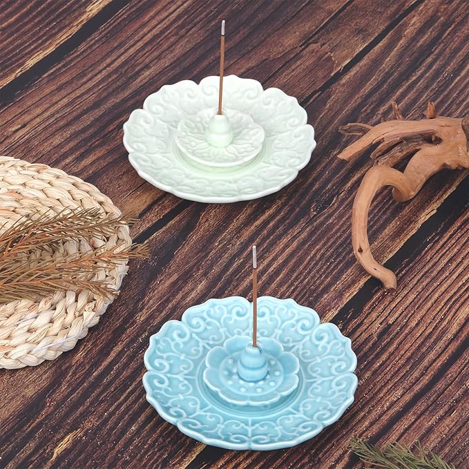 Incense Holder Ceramic Incense Burner Lotus Incense Holder for Sticks Incense Stick Holder Detachable Ash Catcher for Home Decor (Mint Cream)