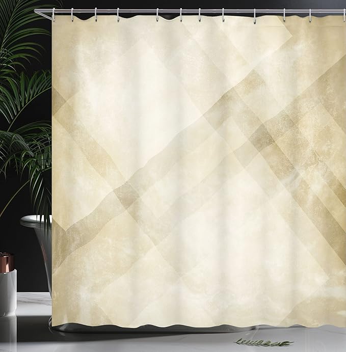 Ambesonne Tan Shower Curtain, Striped Vintage Faded Squares and Angled Lines Dated Antique Display with Modern Pattern, Cloth Fabric Bathroom Decor Set with Hooks, 69" W x 70" L, Beige Tan