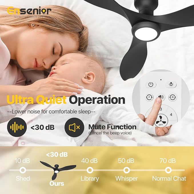 Ensenior 52 Inch Flush Mount Ceiling Fan with Light and Remote, Black Low Profile Ceiling Fans with Lights for Bedroom Living Room, 3 ABS Blades, Modern Quiet Reversible DC Motor, 3CCT, 6 Speeds