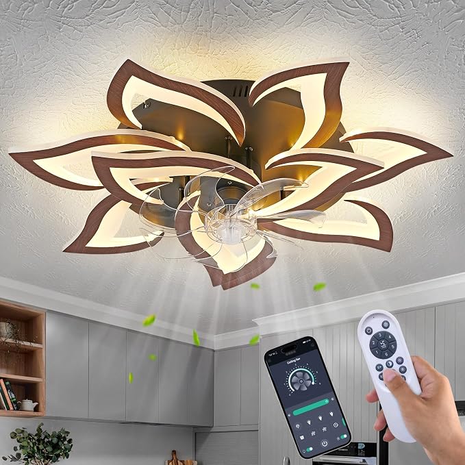 32inch Flower Modern Ceiling Fans with Lights, Low Profile Ceiling Fan with Remote for Bedroom, Flush Mount Ceiling Fan with LED Dimmable Light,6-Speeds, Timing CeilingFan Light-Walnutcolor