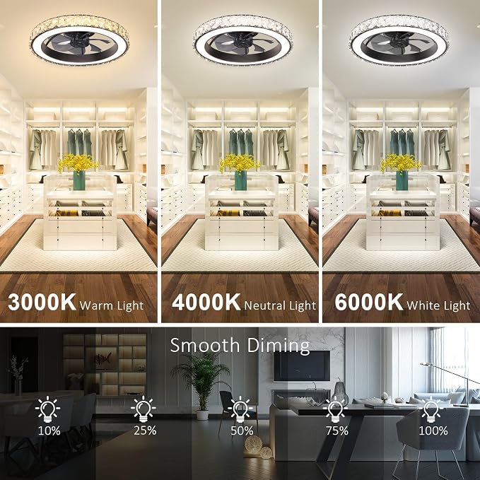 Aipsun Low Profile Modern Crystal Chandelier Ceiling Fans with Lights and Remote, 3000K-6500K Smart Bladeless LED Fan, 18" Black Modern Ceiling Fans with Lights for Bedroom