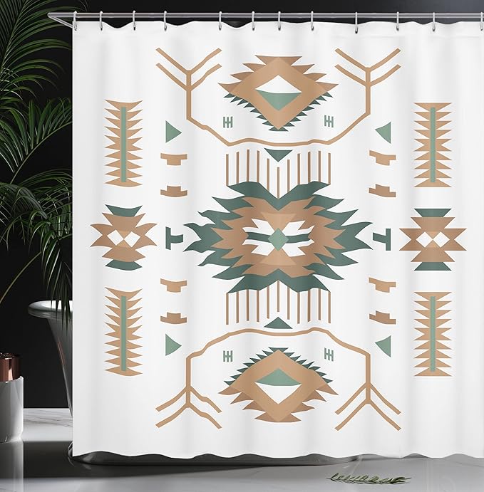 Ambesonne Southwestern Shower Curtain, Ethnic Illustration of a Zigzags Design Triangular Iconic Artwork Motifs, Cloth Fabric Bathroom Decor Set with Hooks, 69" W x 70" L, White Teal