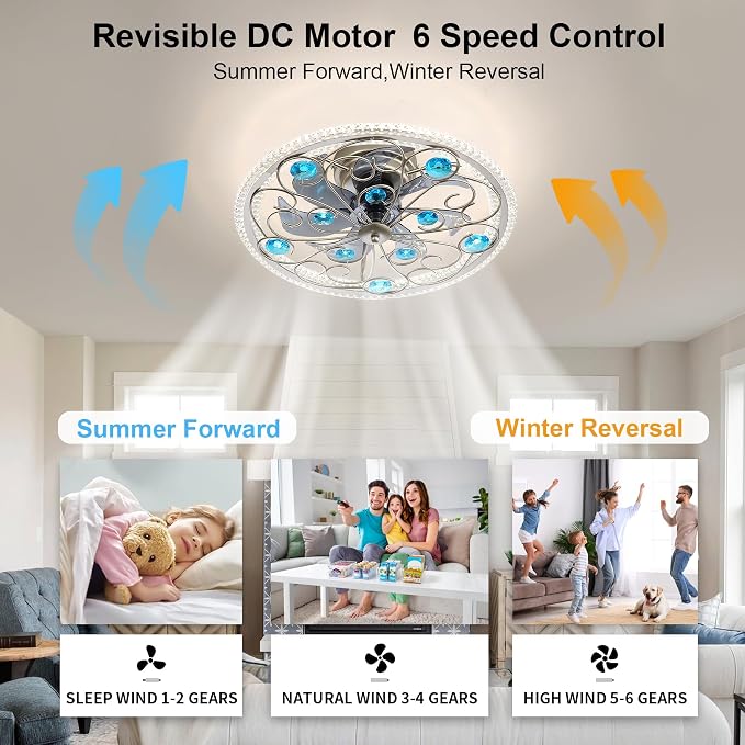 Low Profile Ceiling Fan with Lights 20" Remote Bladeless Ceiling Fan Boho Vintage Flush Mount Ceiling Fans with Light 3 Color Smart LED Dimmable,Handmade Antique Vintage Blue Crystal