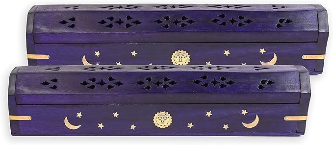 Incense Garden Pack of 2 Incense Stick Holder - Coffin Style - Wood Incense Stick Burner with Sun Moon Star Inlays Handmade with Brass Inlays (Purple)