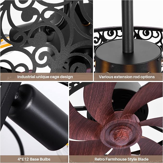REDSTAR Ceiling Fans with Lights-Small Farmhouse Ceiling Fan with Light and Remote, Industrial Caged Ceiling Fan Light for Living Room, Bedroom, Kitchen
