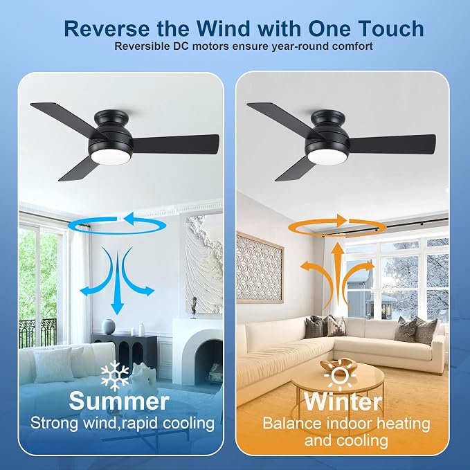 42 Inch Low Profile Ceiling Fan with Light Quiet for Bedroom, Black | Flush Mount,Remote Control,Reversible Quiet DC Motor,Wood Blade,6 Speed,3CCT Dimmable for Bedroom,Living Room