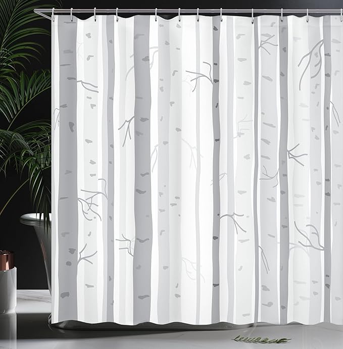 Ambesonne Grey Shower Curtain, Birch Trees in Autumn Branches Forest with Soft Colors in Modern Graphic Print, Cloth Fabric Bathroom Decor Set with Hooks, 69" W x 84" L, Grey Ceil