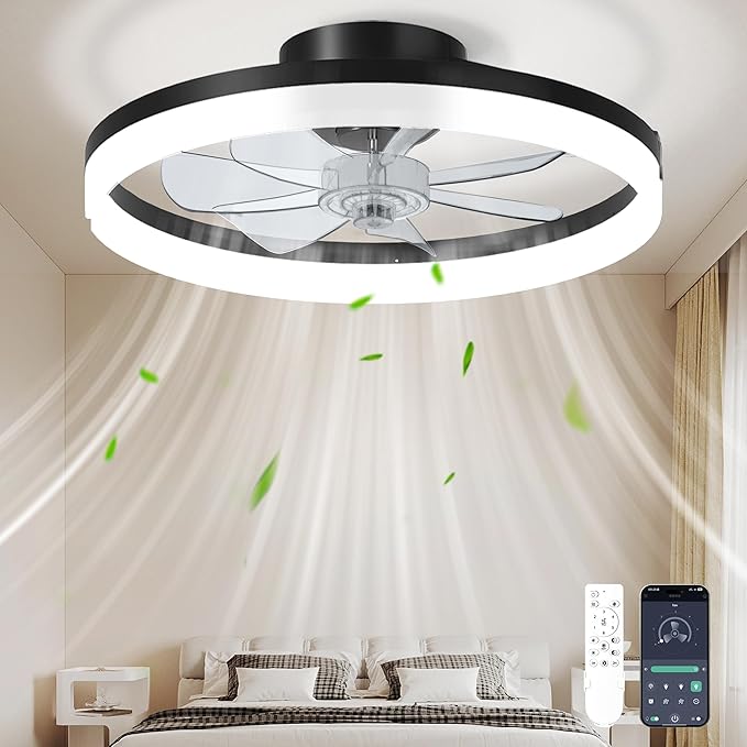 CHAREADA Ceiling Fan with Light, 20" Modern Low Profile Foldable Ceiling Fans with 6 Wind Speeds, Dimmable Smart Ceiling Fan Light with Remote for Bedroom, Kids Room and Living Room(Black)