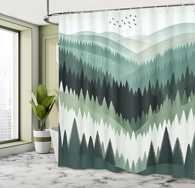 Ambesonne Green Shower Curtain, Bohemian Nature Themed Woodland Valley with Jade Tones Modern Scandinavian, Cloth Fabric Bathroom Decor Set with Hooks, 69" W x 70" L, Grey Teal Cadet Blue