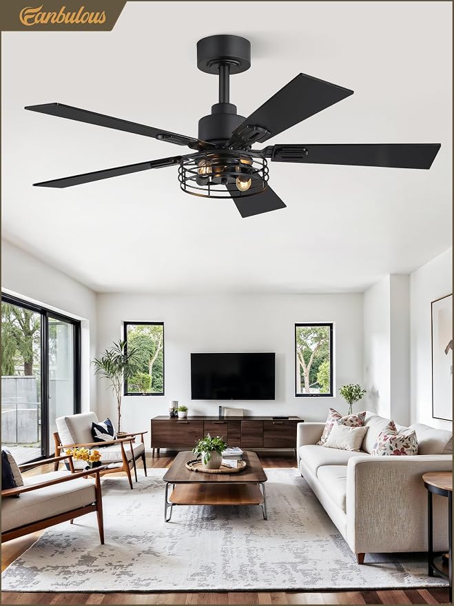 Fanbulous 2 Pack Farmhouse 42 Inch Ceiling Fans with Lights, Black Industrial Caged Ceiling Fans for Bedroom Living Room, Double-Sided 5 Blades Rustic Ceiling Fan