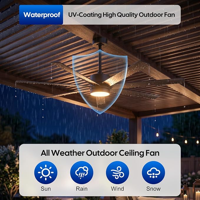 56 Inch Wet-Rated Outdoor Ceiling Fan with light, All-Weather Waterproof 7 UV-Proof Blades, Smart Alexa/App/Remote Control, High Airflow ETL Listed Quiet DC Motor, for Exterior Pergola, Patios, Gazebo
