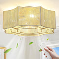 RUIYEY Boho Ceiling Fans with Lights: 20 inch Modern Flush Mount Ceiling Fan with Remote Control, 7 Blades Reversible 6 Speeds E26 4 Light Low Profile Hand Woven Caged Fandelier for Bedroom Nursery