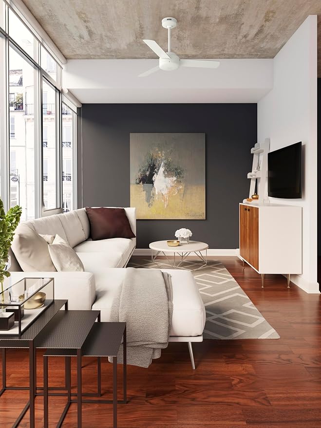 Hunter Presto, Indoor, Ceiling Fan, No Light, Modern, 44 inch, Matte White | SureSpeed high velocity airflow you can feel; no-light design and 3D Interactive Guide support small rooms and offices.