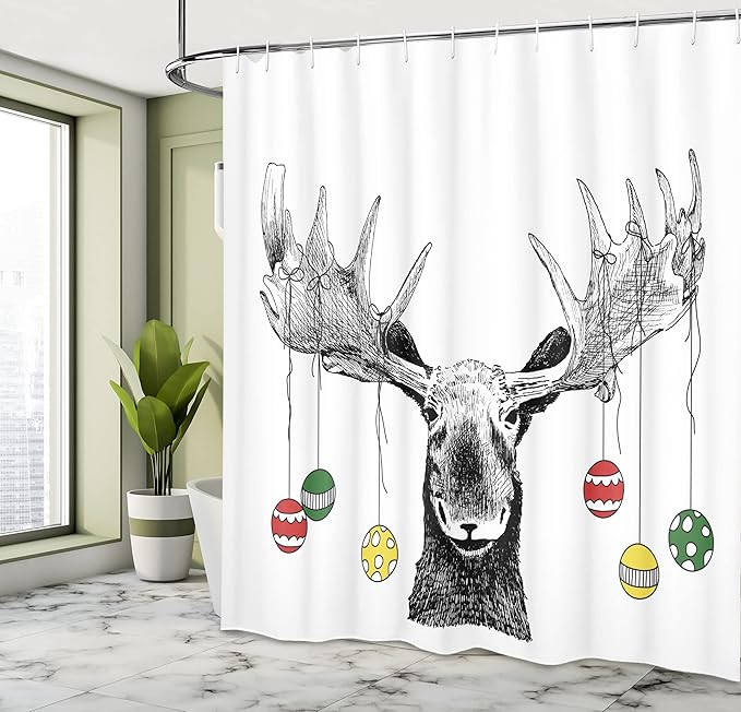 Ambesonne Christmas Shower Curtain, Christmas Moose with Xmas Ornaments Balls Hanging from Horns Funny Noel Sketch Art, Cloth Fabric Bathroom Decor Set with Hooks, 69" W x 75" L, Multicolor Black