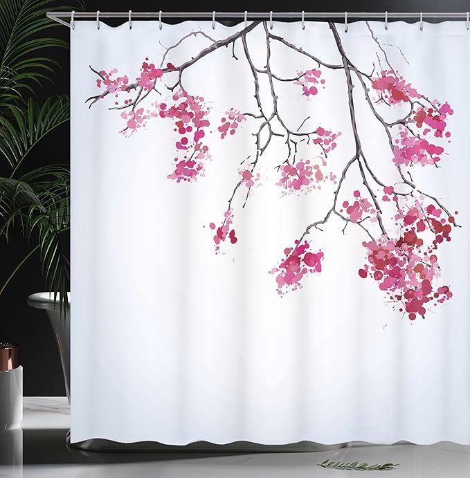 Ambesonne Japanese Shower Curtain, Cherry Blossom Sakura Tree Floral Branch Spring Season Theme Image, Cloth Fabric Bathroom Decor Set with Hooks, 69" W x 70" L, Dimgray Black