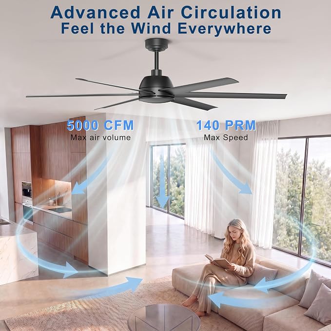 65 Inch Ceiling Fan No Light - Black Ceiling Fan with Remote & APP Control, Quiet Reversible DC Motor, 6 Blades, Indoor Outdoor Ceiling Fans without Light for Patio Living Room Garage Shop