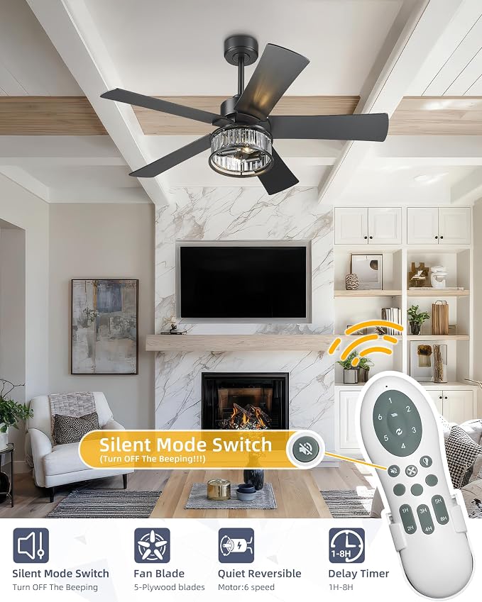 YOUKAIN 48 Inch Black Ceiling Fan with Lights and Remote, Modern Crystal Ceiling Fan, 5 Reversible Matte Black & Wood Blades, Quiet Indoor Ceiling Fan for Bedroom Living Room, 48-YJ632A-BK