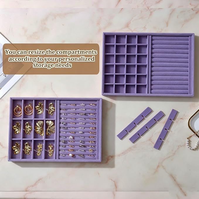 Large Velvet Jewelry Tray 2 Pack Stackable Jewelry Display Drawer Inserts Trays Organizer for Earring Bracelet Necklace Ring (Purple, Ring and 24 Grids)
