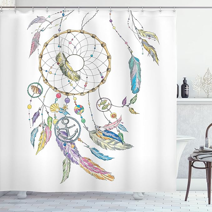 Ambesonne Tribal Shower Curtain, Dreamcatcher with Marine Objects Shell Fish Anchor Boho Print Image, Cloth Fabric Bathroom Decor Set with Hooks, 69" W x 84" L, Violet