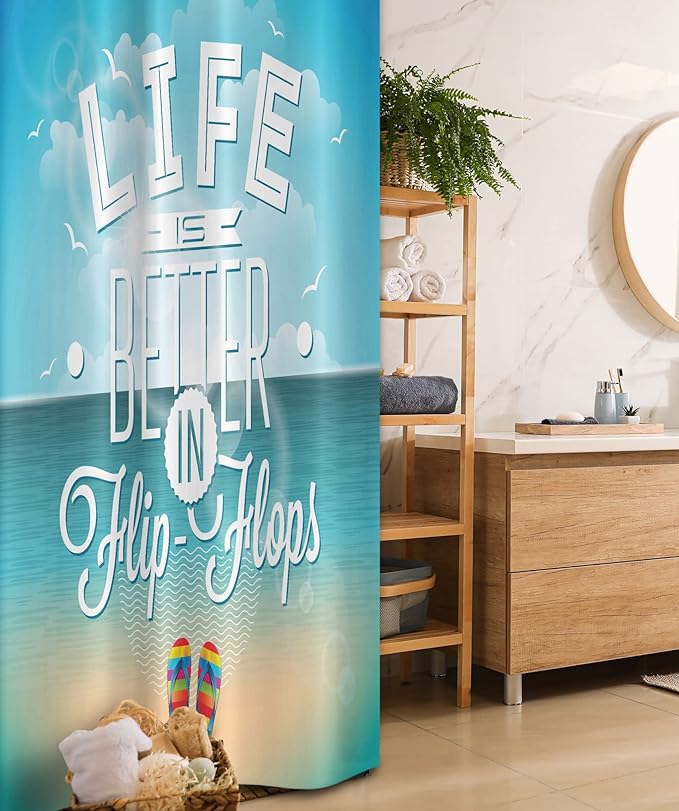 Ambesonne Saying Stall Shower Curtain, Life is Better in Flip-Flops Inspirational Phrase on a Seascape Hot Summer Print, Fabric Bathroom Decor Set with Hooks, 36" W x 72" L, White Aqua