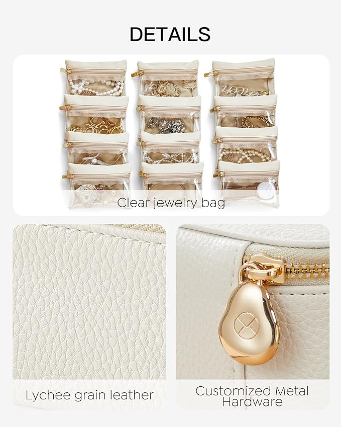 VLANDO Jewelry Travel Case,Gift for Women,Travel Jewelry Organizer with Clear Velvet Jewelry Bags Zipper Pouch for Women Girl Gift-12Pcs White
