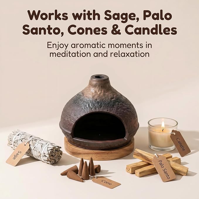 Handmade Ceramic Palo Santo Holder – Suitable for Burning Sage & Palo Santo - Mini Chimenea-Style Burner, an Incense Burner for Spiritual Meditation, Yoga or Home Decoration