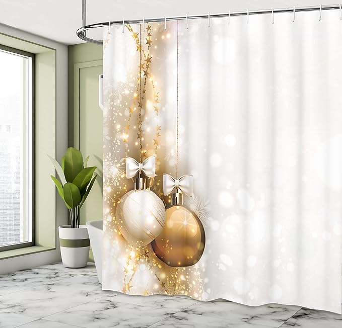 Ambesonne Christmas Shower Curtain, Featured Xmas Baubles with Ribbon Holiday Wish Artwork Image Illustration, Cloth Fabric Bathroom Decor Set with Hooks, 69" W x 70" L, White and Beige