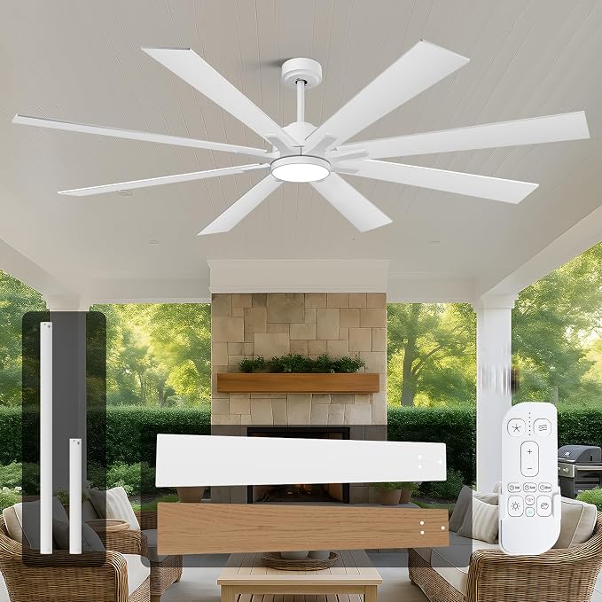 72 Inch White Ceiling Fans with Lights, Indoor Outdoor Ceiling Fans for Patios with Remote, 8 Double-Finish Blades, 5-CCT, Large CFM Quiet Reversible DC Fan for Living Room Gazebo