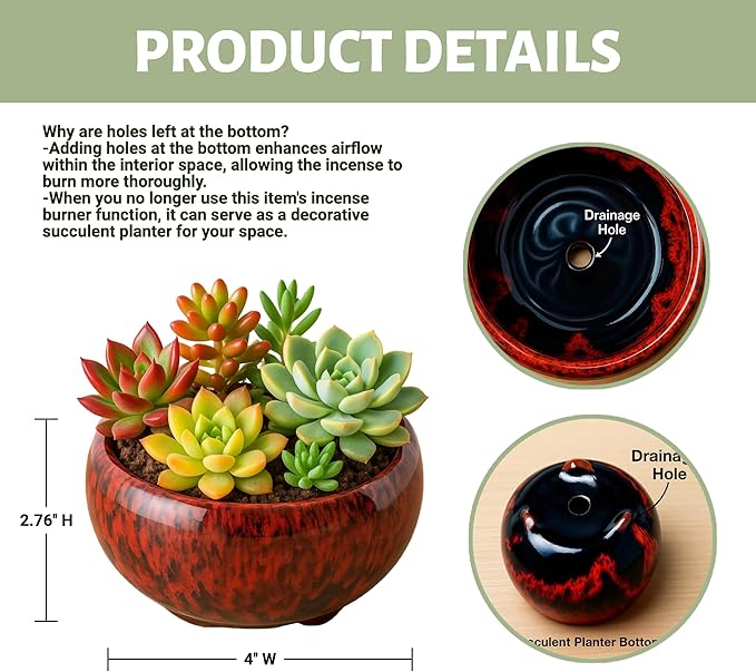 Incense Burner with Calabash Incense Stick Holder - Porcelain Charcoal Censer for Use with Resin Granular Powder Cone or Coil Incense (Kiln-Colored Red)