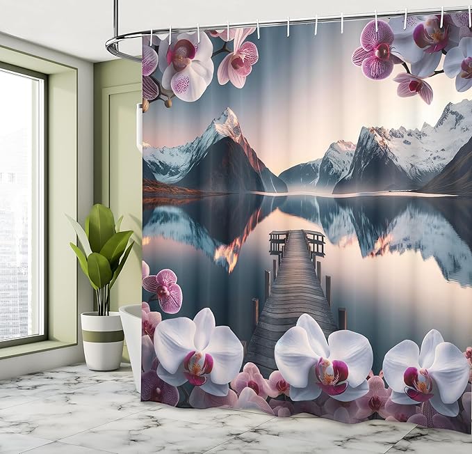 Ambesonne Lake Shower Curtain, Spring Time Orchid Flower Branches Snowy Mountains Pier Peaceful Water, Cloth Fabric Bathroom Decor Set with Hooks, 69" W x 75" L, Pale Purple Petrol Blue
