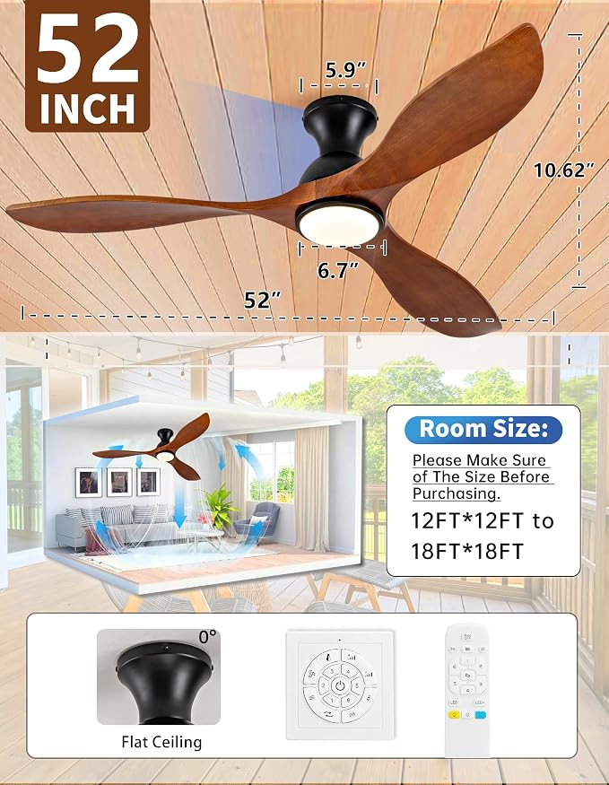 52 Inch Low Profile Ceiling Fans with Lights and Remote, Flush Mount Wood 3 Blade Ceiling Fan,Dimmable,Quiet Noiseless DC Motor for Patios,Living Room,Bedroom(Wall Control Switch)