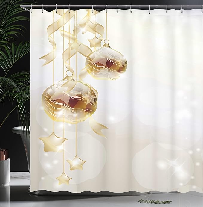 Ambesonne Christmas Shower Curtain, Xmas Balls with Swirled Ribbons and Stars on Modern Abstract Background, Cloth Fabric Bathroom Decor Set with Hooks, 69" W x 75" L, White Yellow