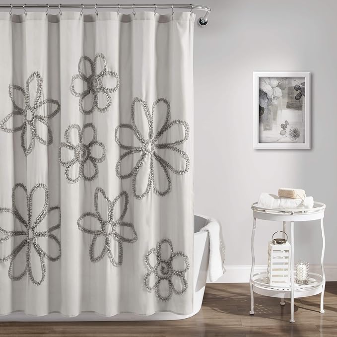 Lush Decor Light-Gray Ruffle Flower Polyester Shower Curtain (72" x 72")