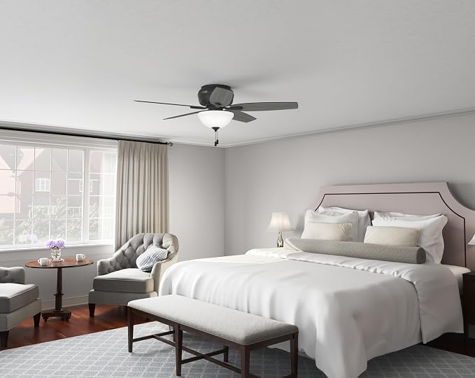 Hunter 52 inch Indoor Ceiling Fan with LED Light - Black Ceiling Fan with Pull Chain, For Bedroom or Living Room, Low Profile Flush Mount, 5 Blades, Includes Bulbs - Newsome 52396, Matte Black | Low Profile Flush Mount, Pull Chain, 5 Blades, For Bedroo...