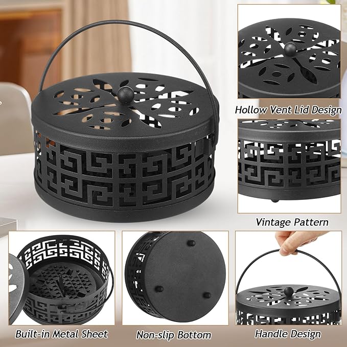 Lallisa 4 Pieces Mosquito Coil Holder Incense Coil Holder Round Retro Portable Metal Hanging Incense Burner with Handle for Home Camping Indoor Outdoor Patio(Black,Metal Sheet Included)