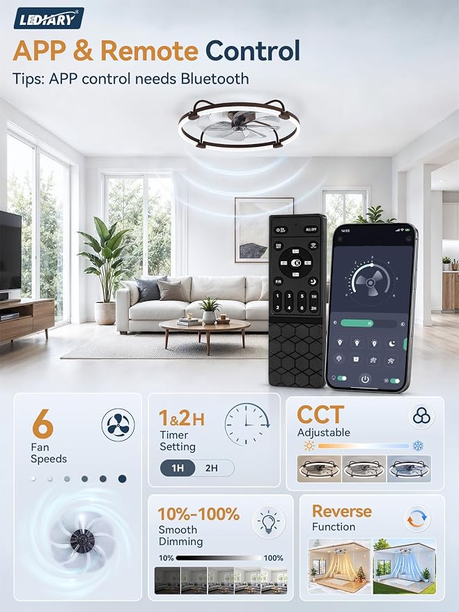 LEDIARY Ceiling Fans with Lights and Remote, Low Profile fan Light, Brown | 24 Inch 3000K-6000K Stepless Dimmable Fandelier, Reversible DC Motor, Remote and APP Control, Bedroom Kitchen Living Room