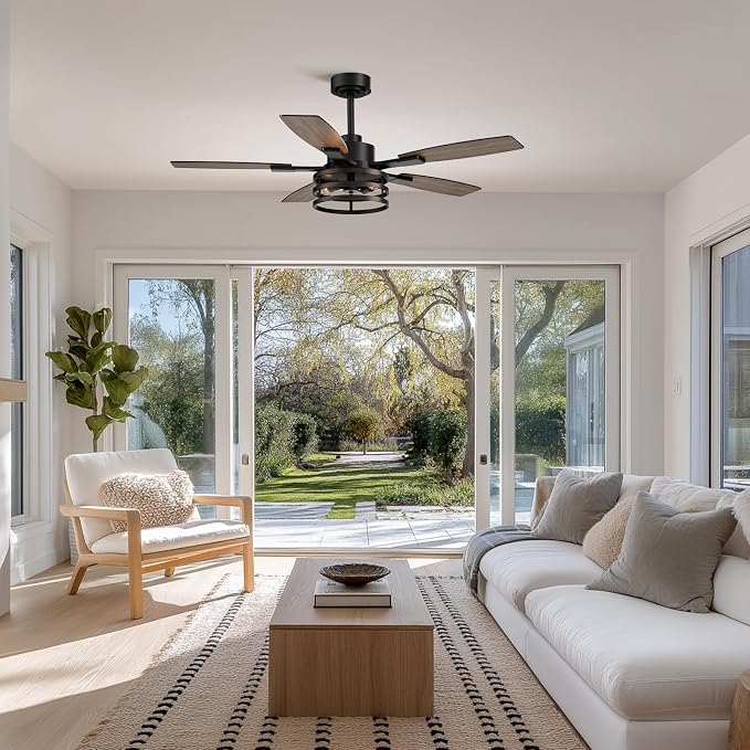 52-Inch Retro Black Downrod Curved Tube Ring-Style Iron Cage Ceiling Fan with Light Industrial Energy-Saving Quiet Strong Airflow for Living Room Bedroom