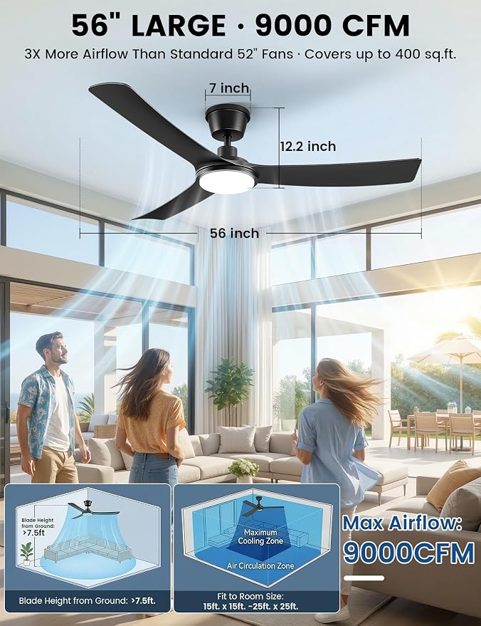 56" Outdoor Ceiling Fan with Light - IP66 Waterproof Black Ceiling Fans with Lights and Remote & App Control, Quiet DC Motor, 3 CCT, Dimmable LED Large Ceiling Fans for Patios, Gazebo, Porch