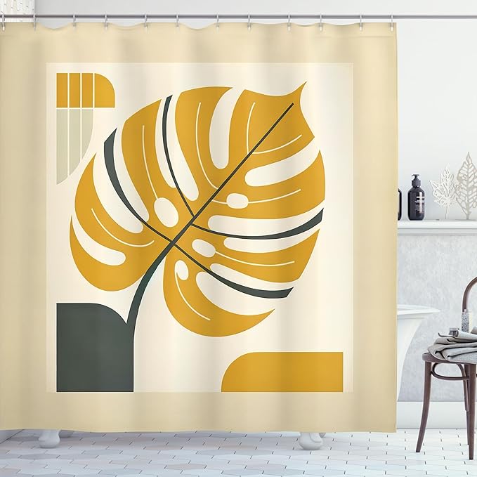 Ambesonne Yellow Shower Curtain, Abstract Modern Monstera Leaf Paint with Geometric Shapes and Frame Like, Cloth Fabric Bathroom Decor Set with Hooks, 69" W x 84" L, Orange Dimgray Beige