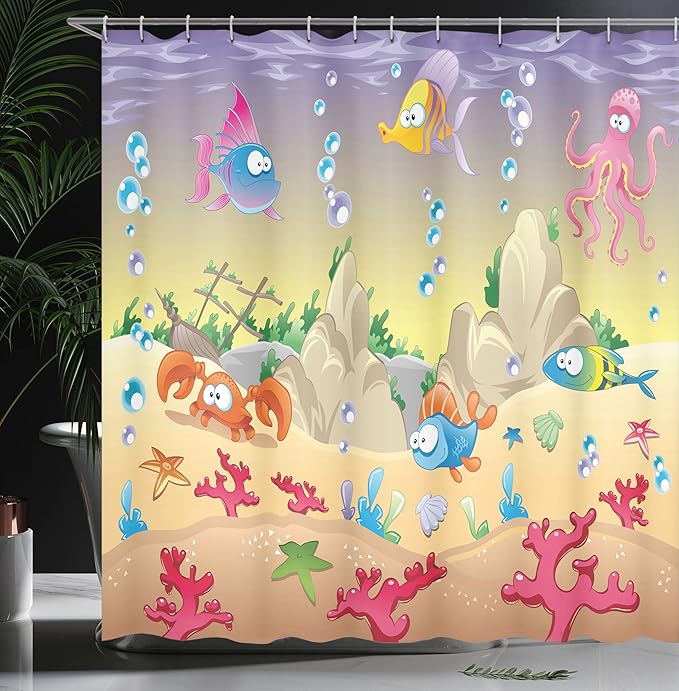 Ambesonne Underwater Shower Curtain, Cartoon Design Funny Sea Animals Fishes Sunken Ship Coral Reef and Bubbles, Cloth Fabric Bathroom Decor Set with Hooks, 69" W x 75" L, Warm Taupe Blue
