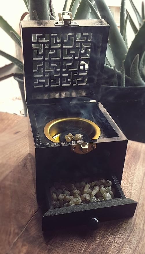 Nazareth Store Black Wood Incense Burner Holder Natural Ash Wood Box Distiller Cone Charcoal Resin Aromatherapy Fragrance Ornament