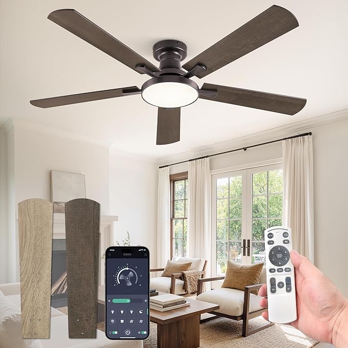 ZMISHIBO 52 Inch Flush Mount Ceiling Fan with Light, Remote&APP, Oil Bronze | 6-Speed Quiet DC Motor, Dimmable 24W LED with 3CCT (3000K-6500K), Modern Low Profile for Living Room, Bedroom, Kitchen